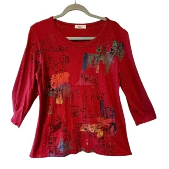 JESS & JANE Artistic Red Cotton Long Sleeve Top, L - Picture 2 of 6